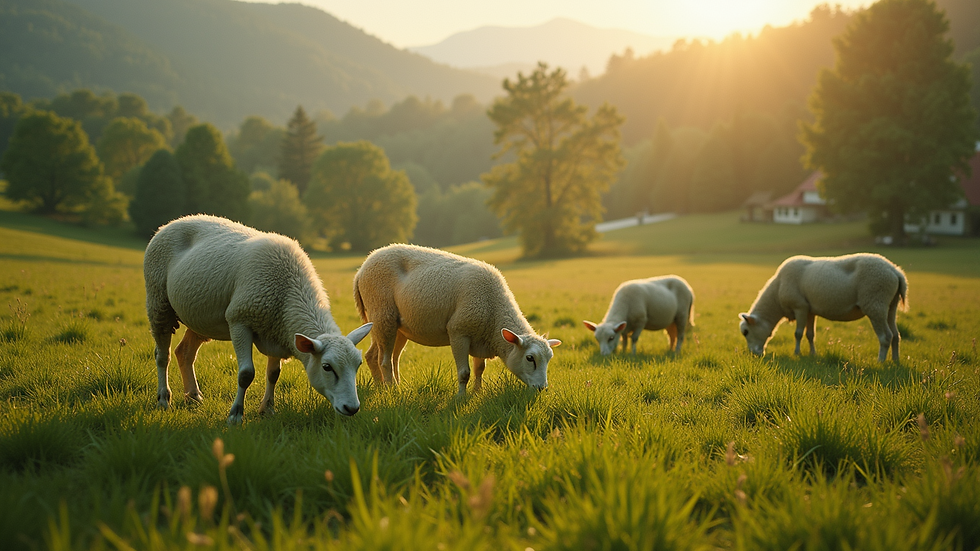 High angle view of lush pasture with grazing sheep