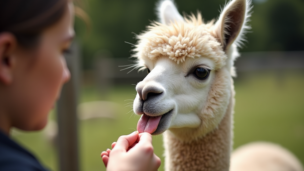 Close-up view of an alpaca being gently fed by a visitor during a meet and greet