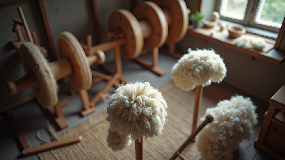 High angle view of a workshop area with spinning wheels and alpaca wool