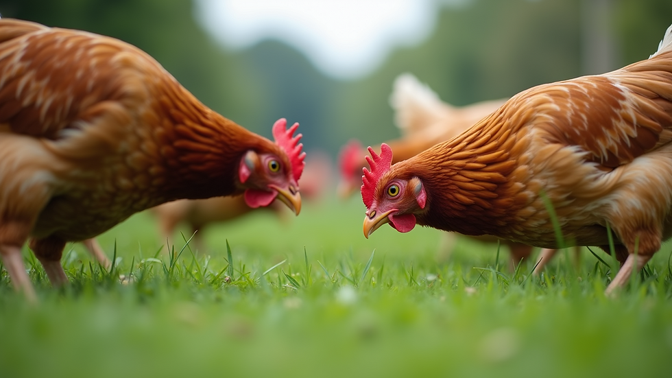 Eye-level view of free-range chickens pecking on green pasture