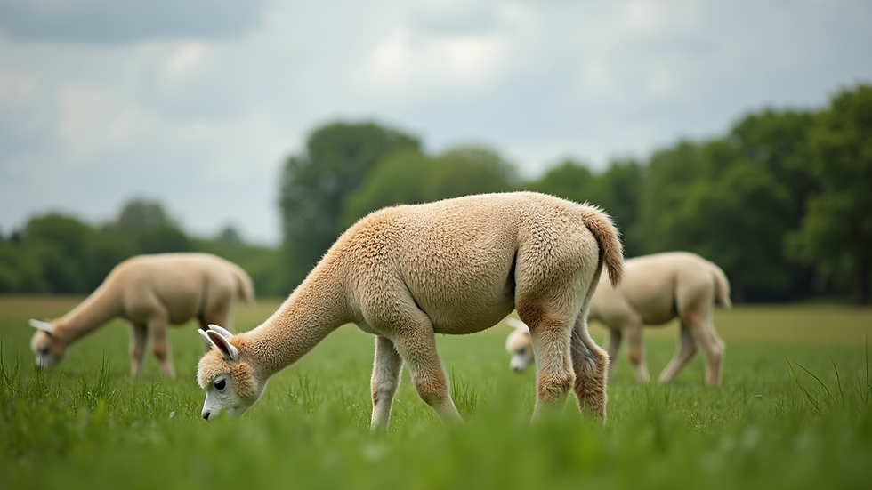 Eye-level view of alpacas grazing in a green paddock