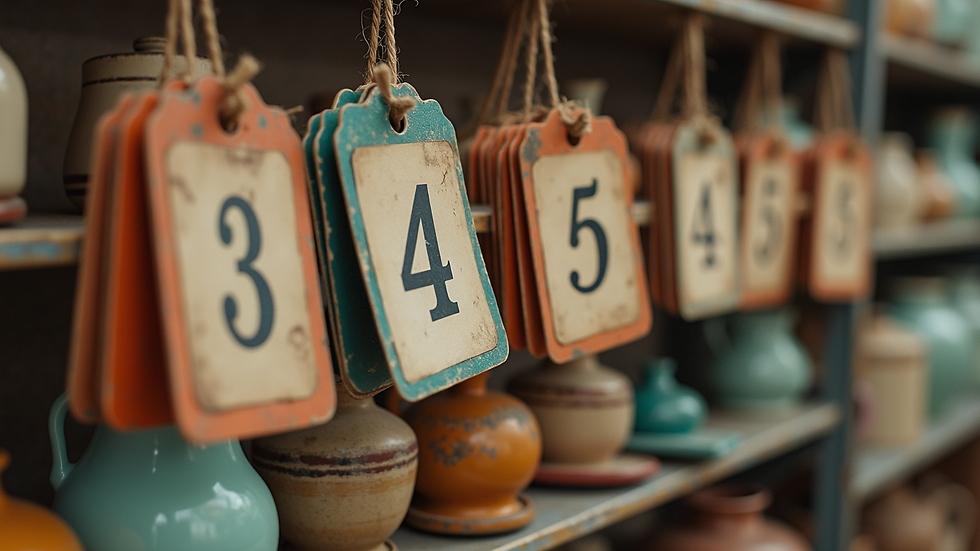 Close-up view of price tags on vintage household items arranged for sale