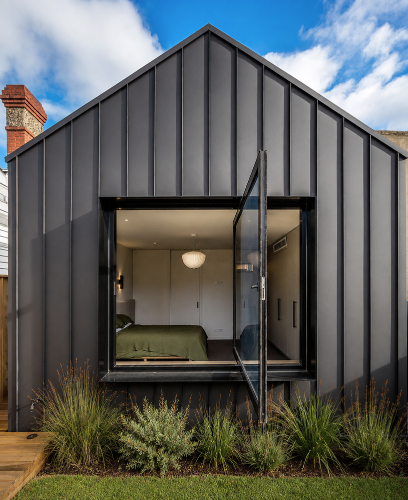 Front elevation of dark metal gable with large opening window and native planting.