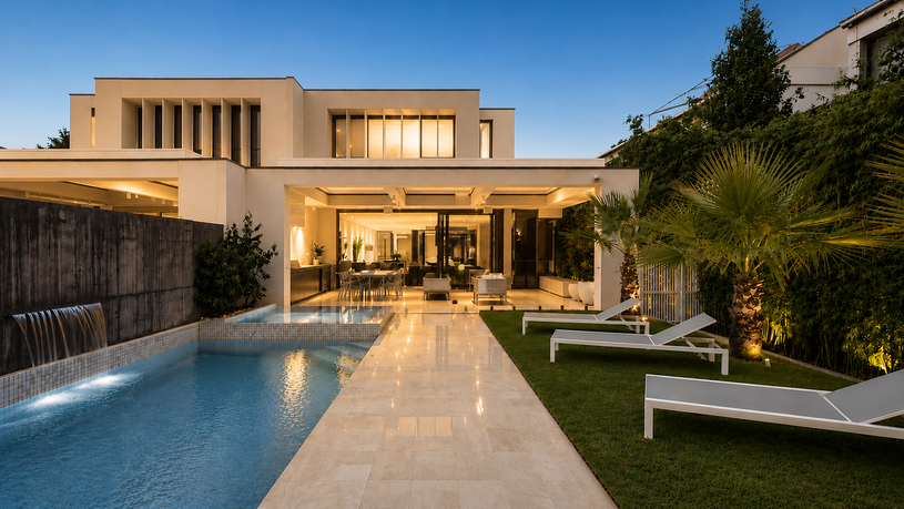North Road Brighton townhouses – pool and contemporary rear façade at dusk