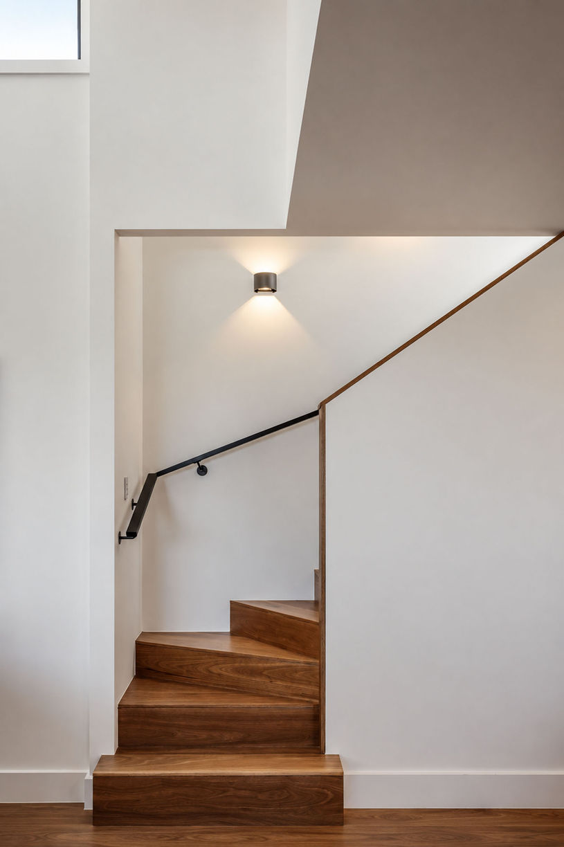 Timber steps turning between white walls, with a dark handrail beneath a high window.
