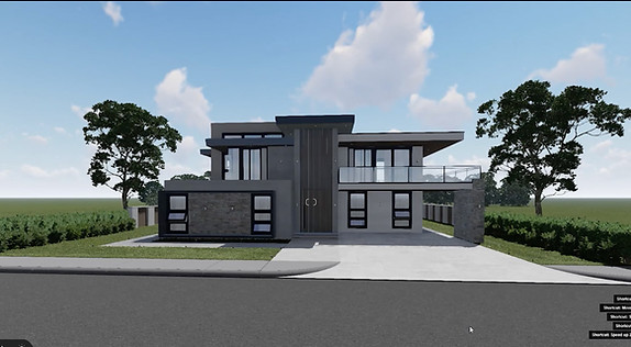 Front-facing 3D rendering of a modern two-story house with flat roofs, large floor-to-ceiling windows, stone and dark-wood accents, surrounded by grass, hedges, and trees under a partly cloudy sky.