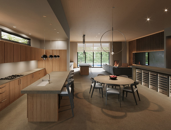 After renovation: An expansive, open-concept modern home interior featuring a kitchen, dining area, and living room rendered in warm wood tones and concrete accents. To the left is a minimalist kitchen with wood cabinetry and a concrete island under black pendant lights. Centered in the foreground is a round dining table with dark modern chairs beneath a large hoop pendant light. To the right, a low counter features multiple built-in, illuminated wine refrigerators, while the background reveals a cozy living area with a fireplace and large glass doors.