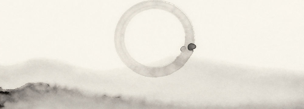 Enso circle and soft ink wash landscape