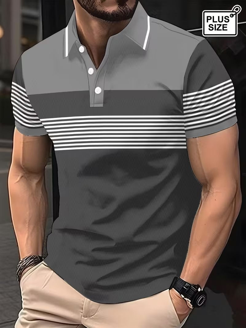 Miniatura: Men's Summer Short Sleeve Polo Shirts, Classic Striped Print Sporty Top, Fashion