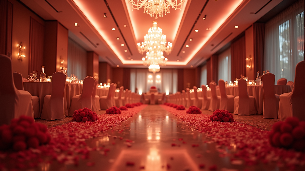 Eye-level view of elegant event hall decorated for charity gala
