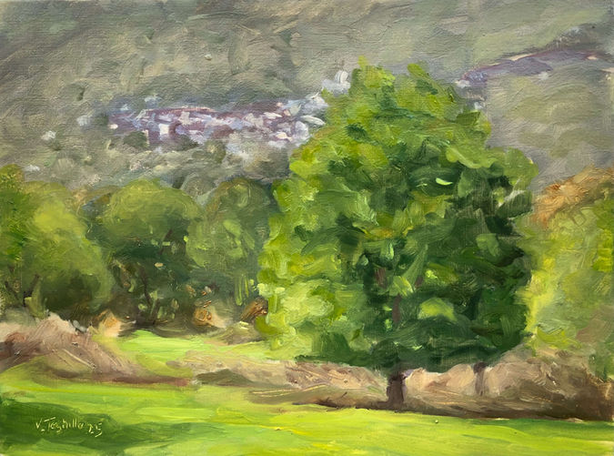 Landscape painting featuring an Oak tree with some trees in background and some houses at distance (town of Ystradgynlais)