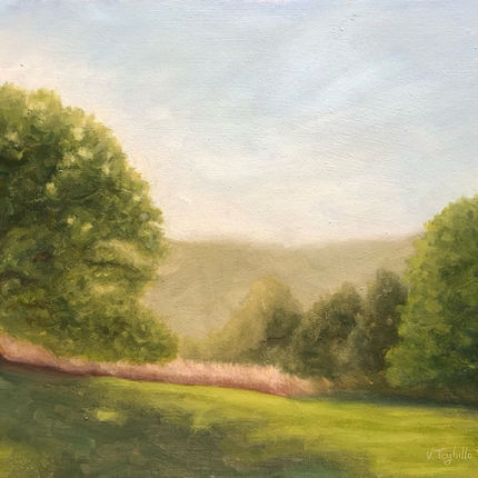 Trees and sunlight, oil painting by Valentina Teghillo featuring the light coming from behind a group of trees in Ystradfawr Nature Reserve.