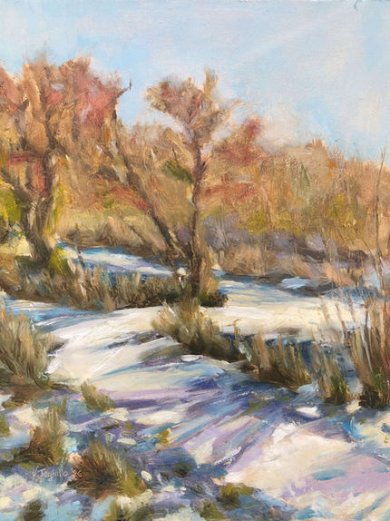 Snowy Path, Ystradfawr Nature Reserve is an oil painting by Valentina Teghillo depicting the snow and the light in the Welsh countryside.