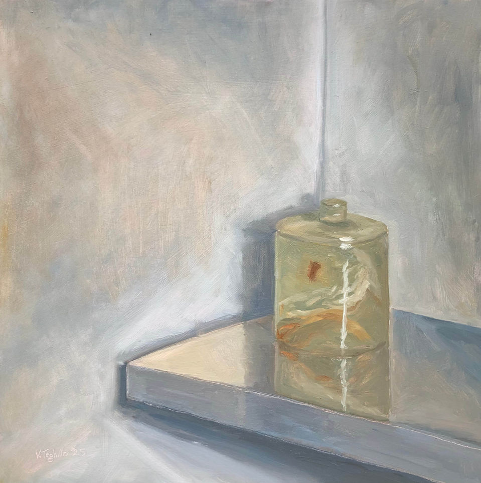 Still life featuring an onyx jar on a white shelf