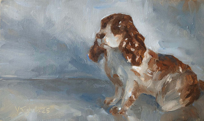 Painted on 27th August 2025, this is a still life painting featuring a porcelain English Springer Spaniel
