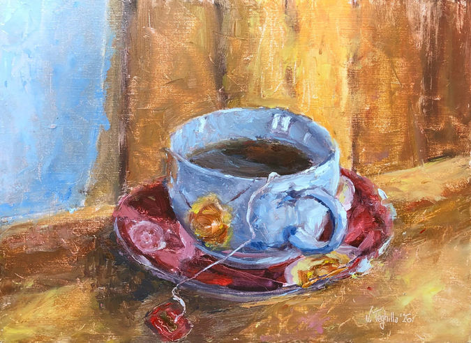 Cup of Tea on Wooden Table is an oil painting by Valentina Teghillo