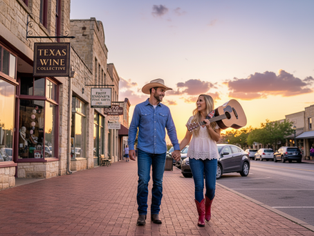 a man, Finn from North of Always: An Enchanted Rock Romance that is a slow-burn, small-town novel, and woman walking down a texas main street, holding hands. The woman. Eliza from the book North of Always, is carrying a guitar over her shoulder.