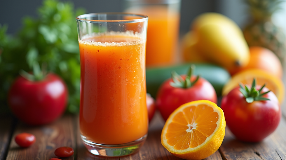 Close-up view of a vibrant cold-pressed juice in a glass with fresh fruits and vegetables around it