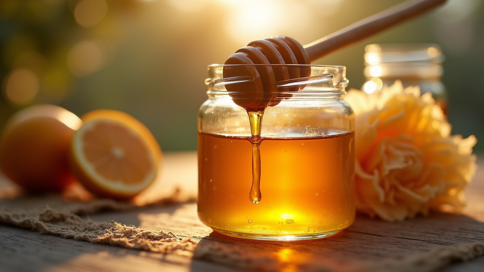Eye-level view of a jar of honey with honeycomb
