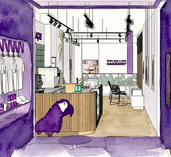 Oakberry Rathbone Place flagship interior design sketch by Milk Rabbit.
