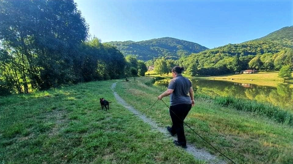 Femme pratiquant la recherche utilitaire avec un staffie en laisse sur un sentier vert au bord d’un lac, avec collines boisées et ciel bleu.