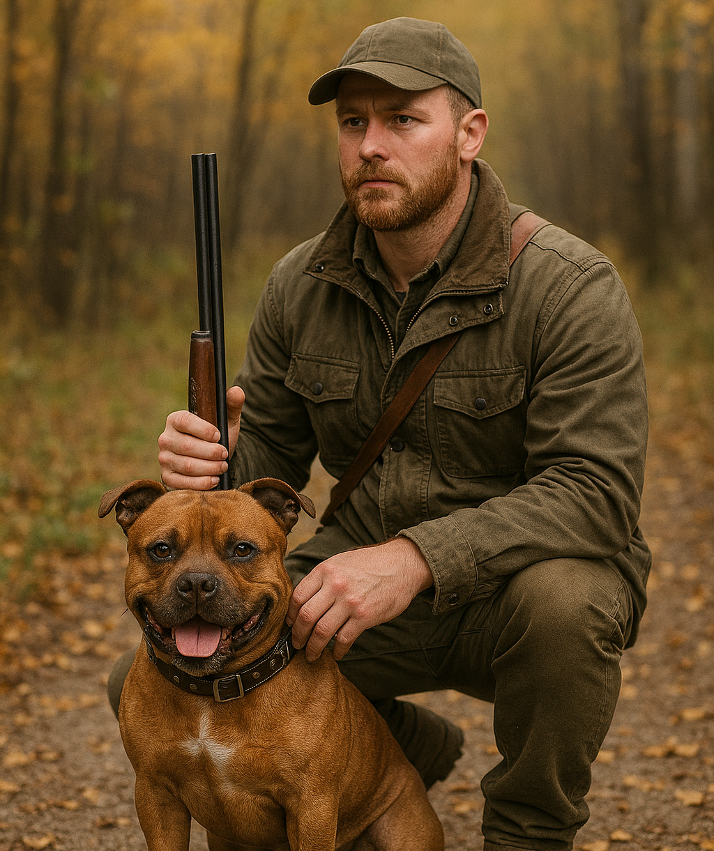 Chasseur en tenue kaki, accroupi avec un fusil, pose avec un chien brun souriant sur un sentier boisé d’automne.