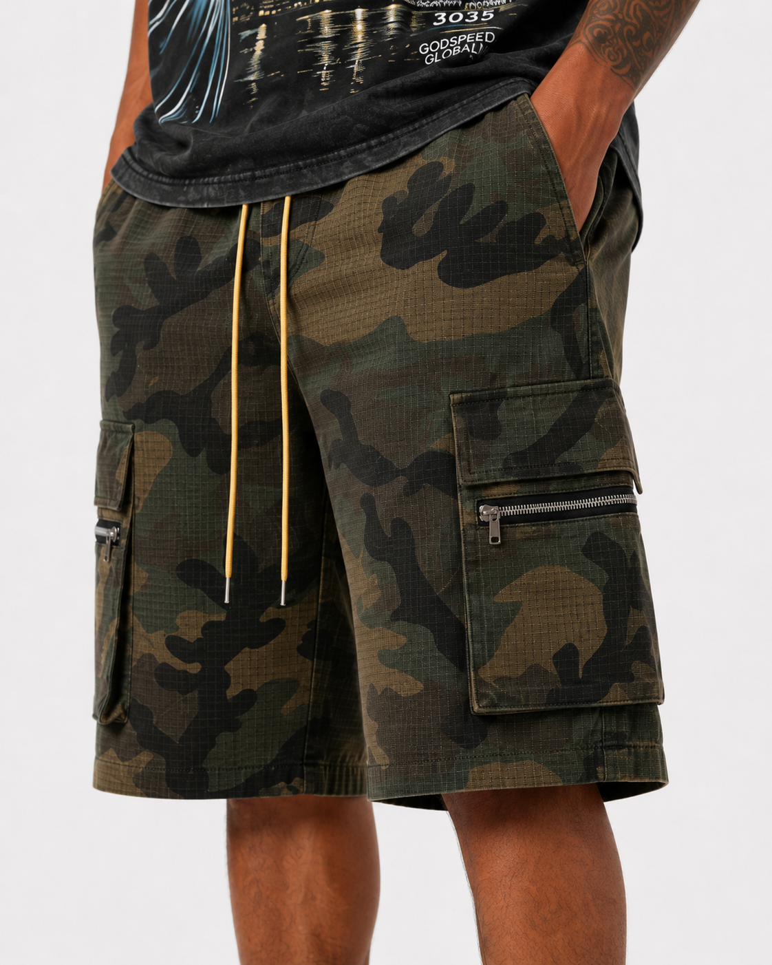 Camo Ripstop Zip Cargo Shorts