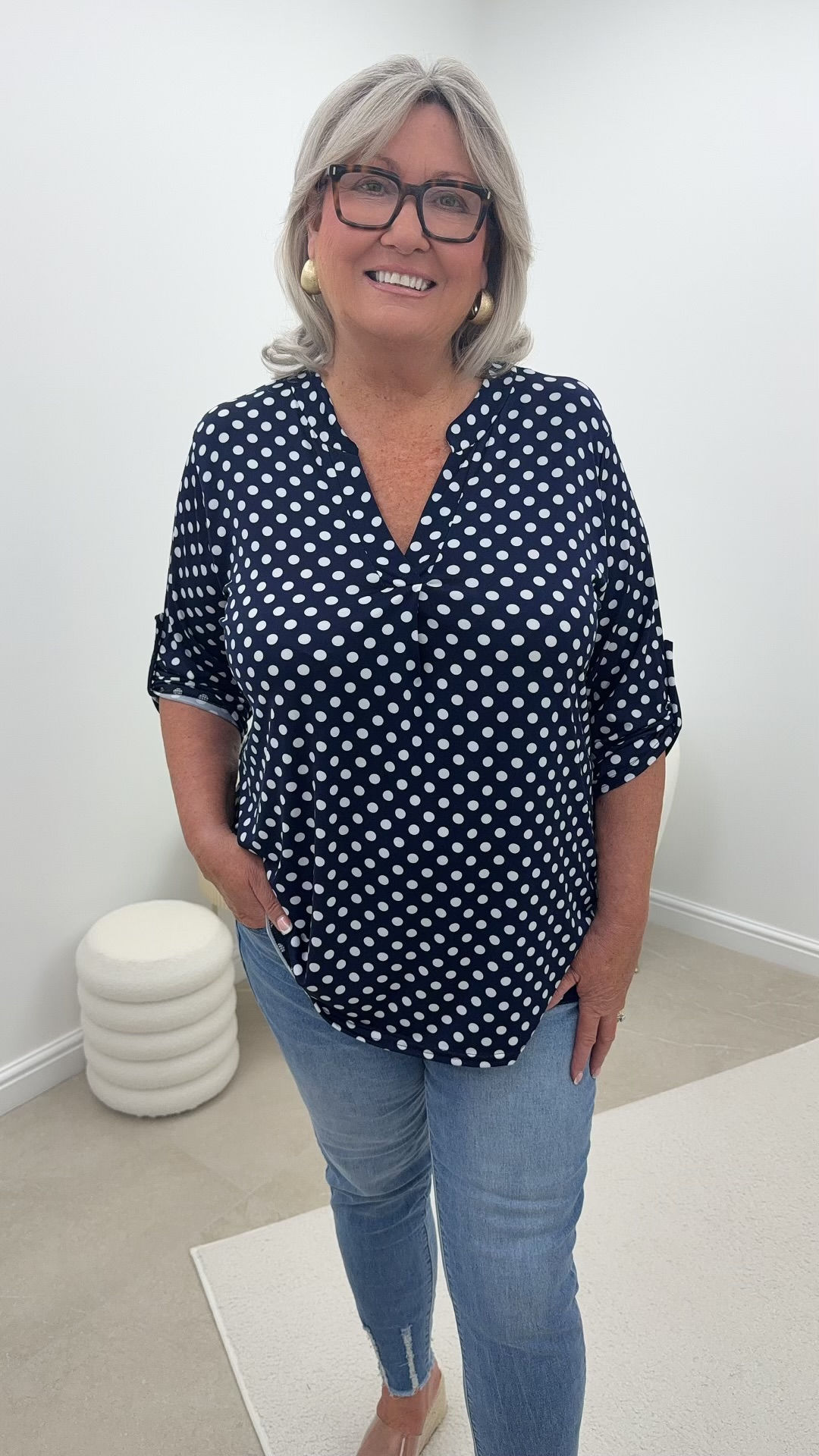 Lottie Slinky Grandad Collar Top Polkadot Navy