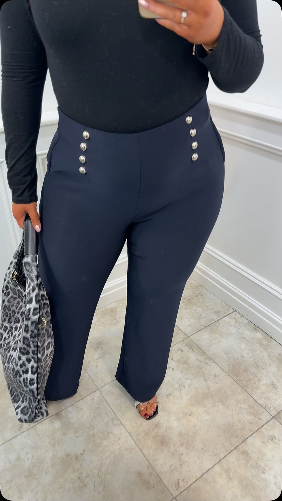 Thumbnail: Luna Button Wide Leg Scuba Stretchy Trouser Navy