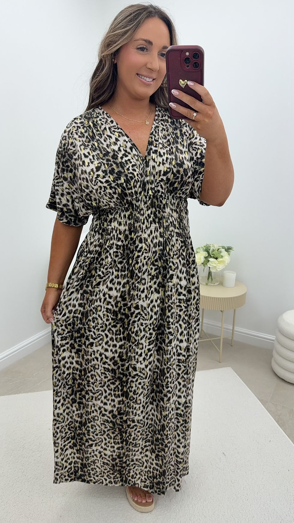 Thumbnail: Saskia Foil Shimmer Leopard Slinky V Neck LL Magic Maxi Dress Grey