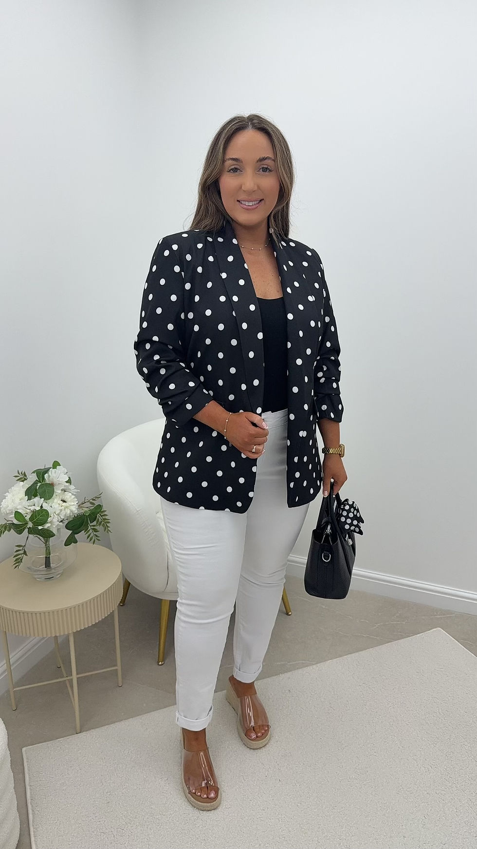 Thumbnail: Missi Polkadot Ruched Sleeve Blazer Black
