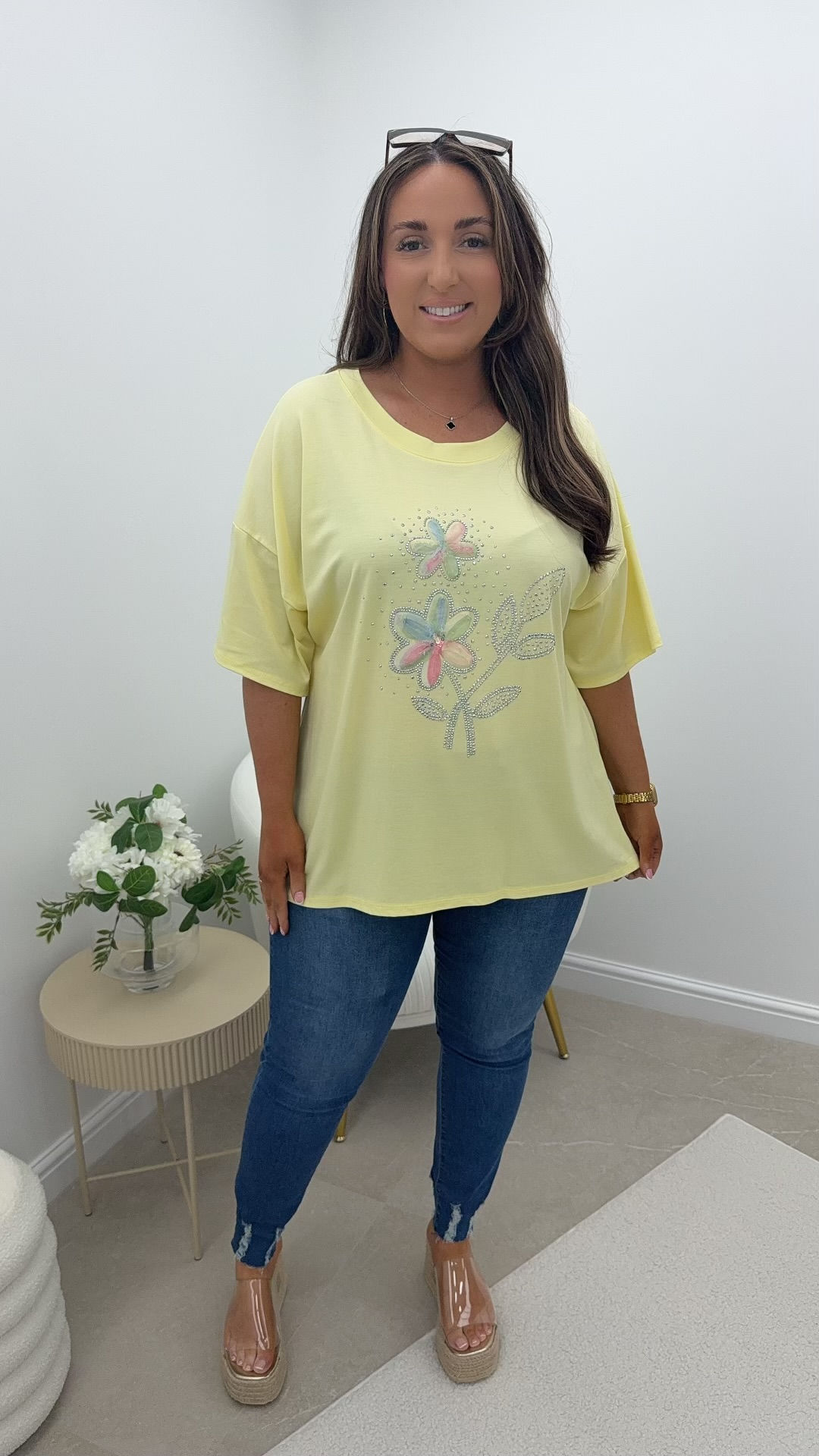 Camilla Pastel Mesh Flower Sparkle T-Shirt Lemon