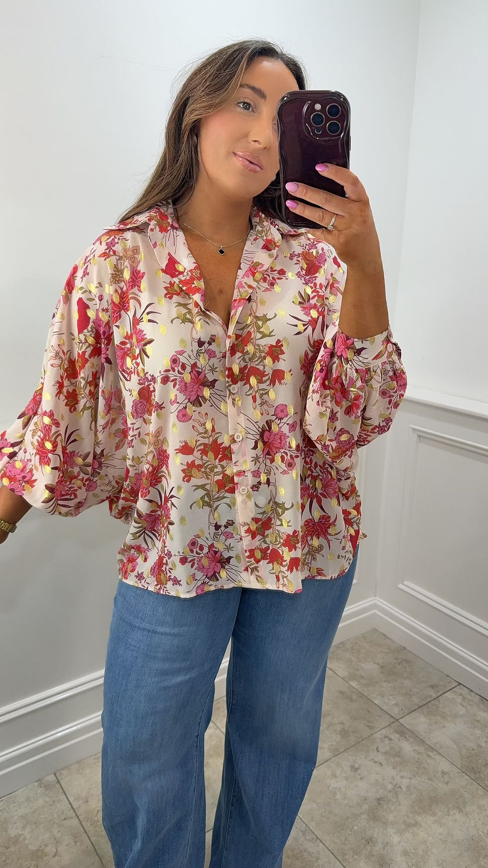 Thumbnail: Elsie Floral Foil Detail Chiffon Button Shirt Cream