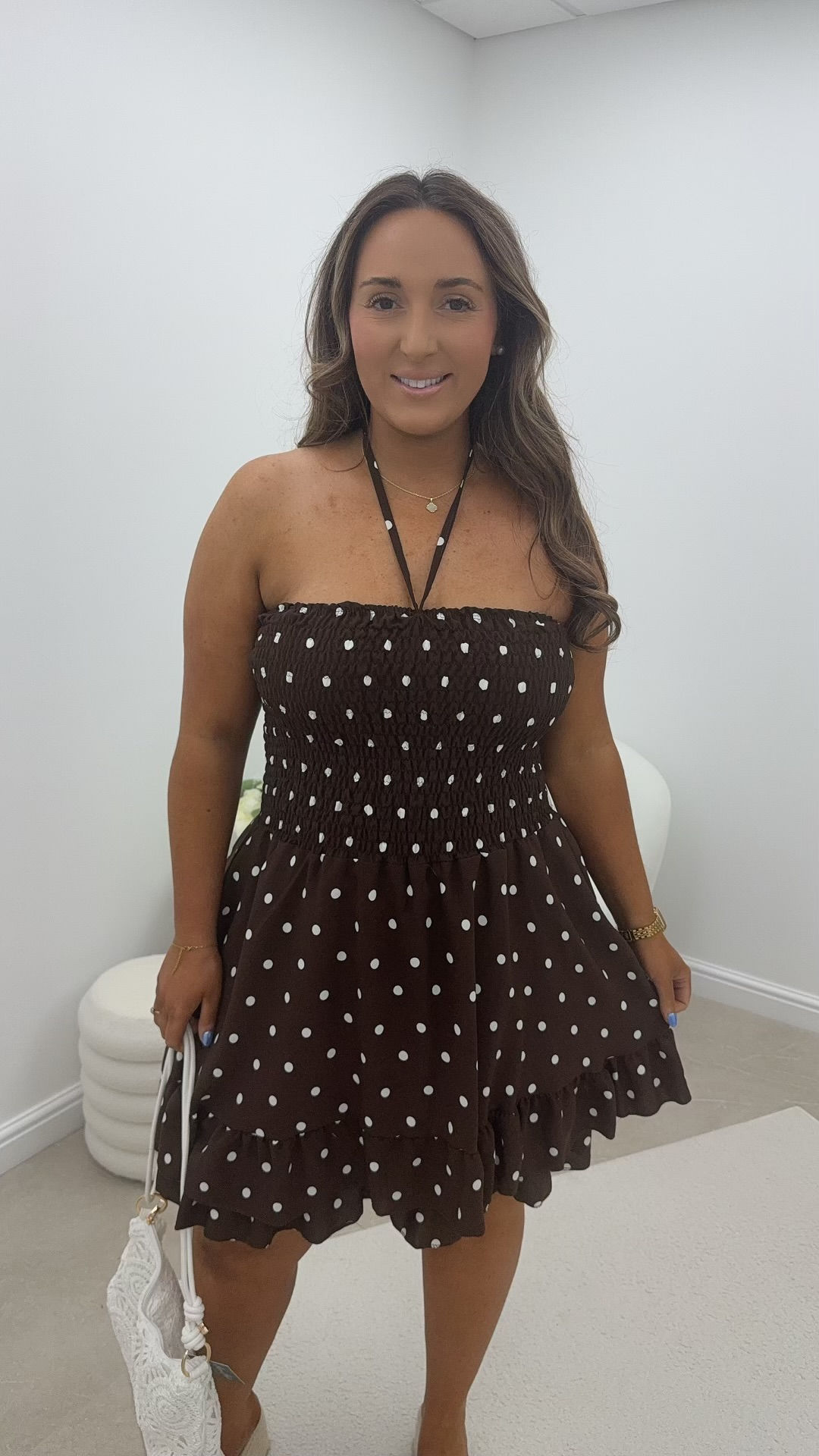 Ava Polkadot Frill Bardot Playsuit Chocolate