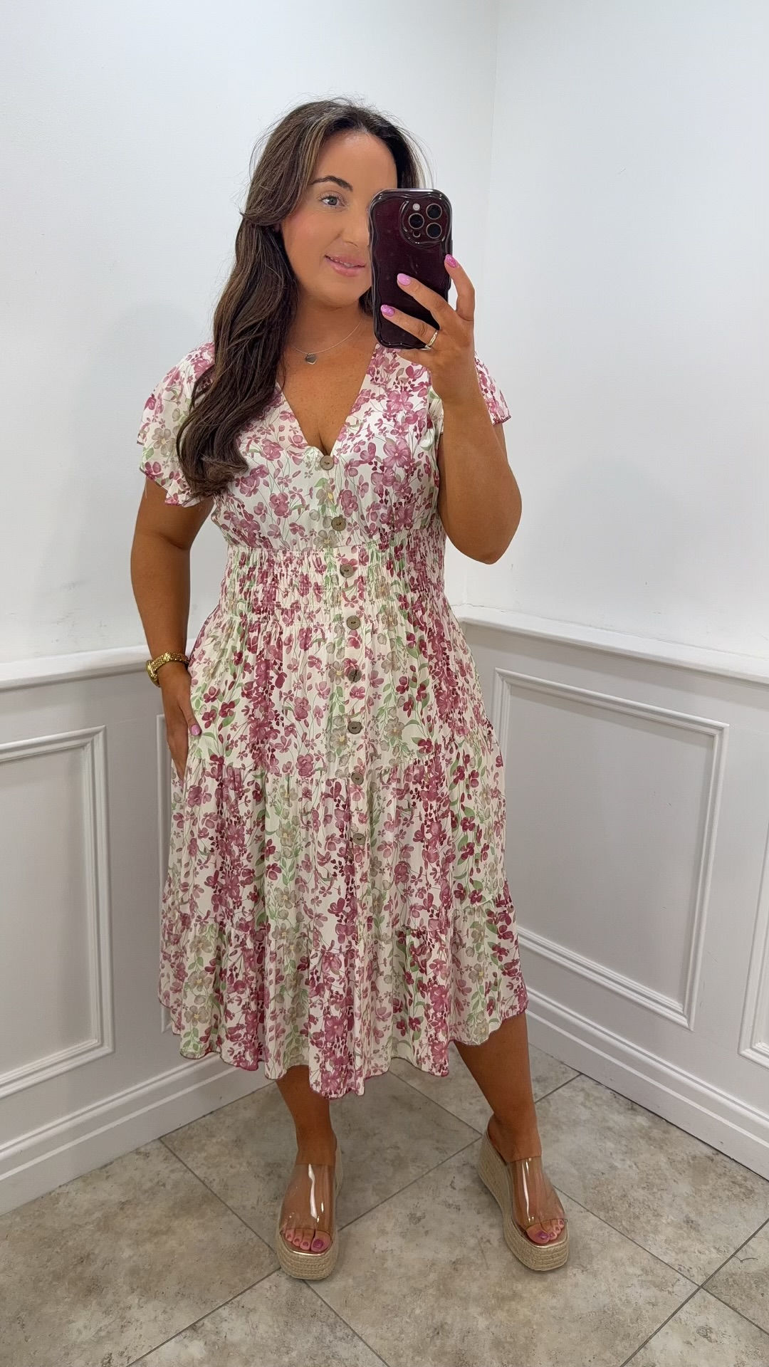 Hazel Flower Pattern Button Frill Midi Dress Pink