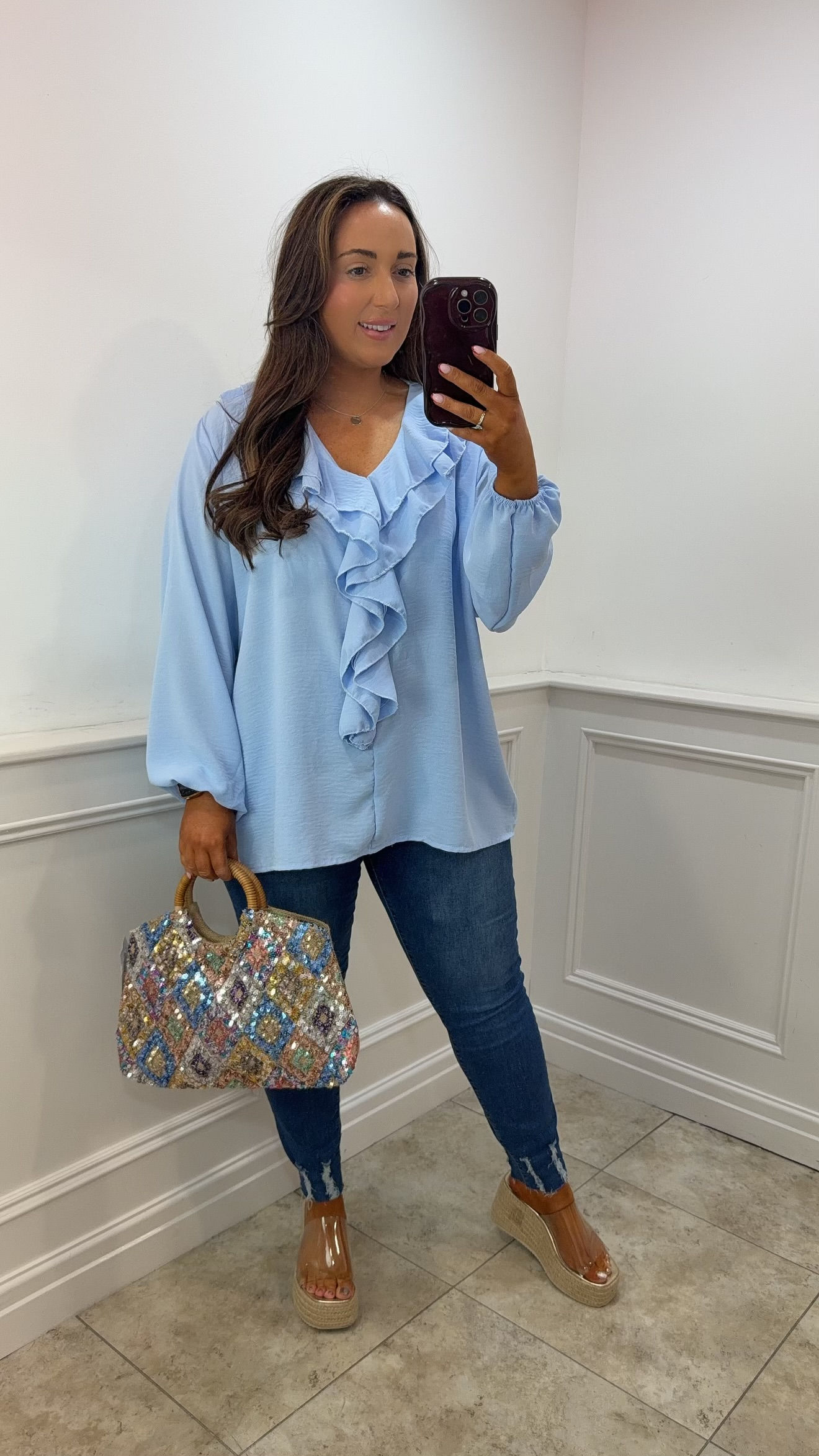 Rhea Frill Neckline Shirt Top Baby Blue