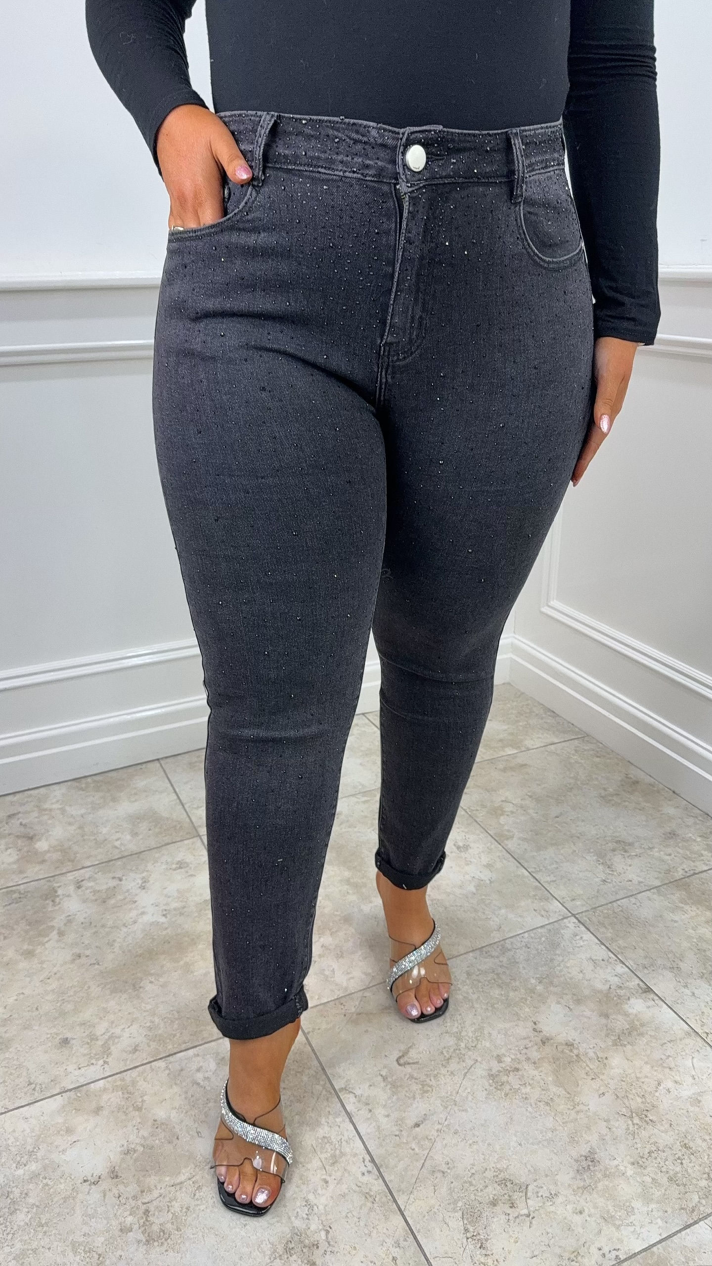 Nevis Stretch Sparkle Denim Mom Jean Black