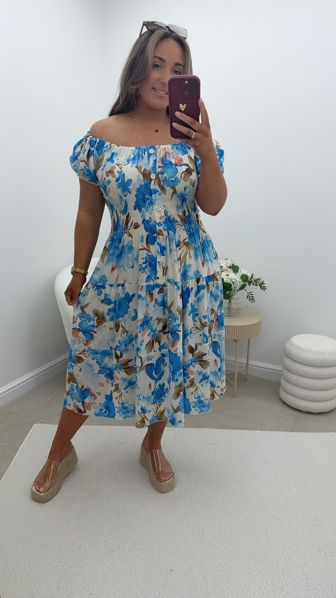 Olivia Floral Gold Button Magic Midi Dress floral Blue