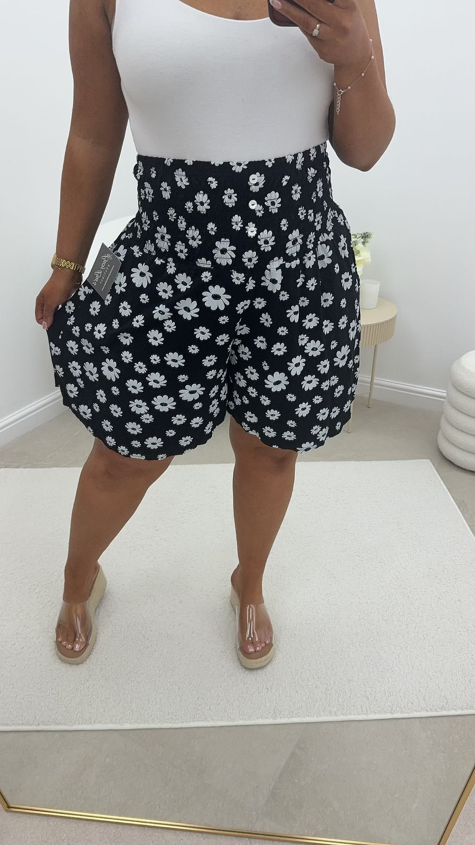 Thumbnail: Maralyn Magic Elastic High Waist Stretchy Shorts Daisy Black