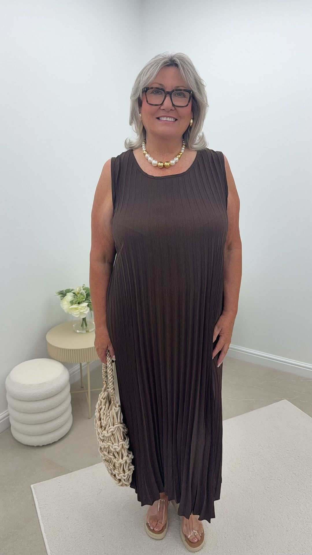 Scarlet Pleated Round Neck Maxi Dress Chocolate
