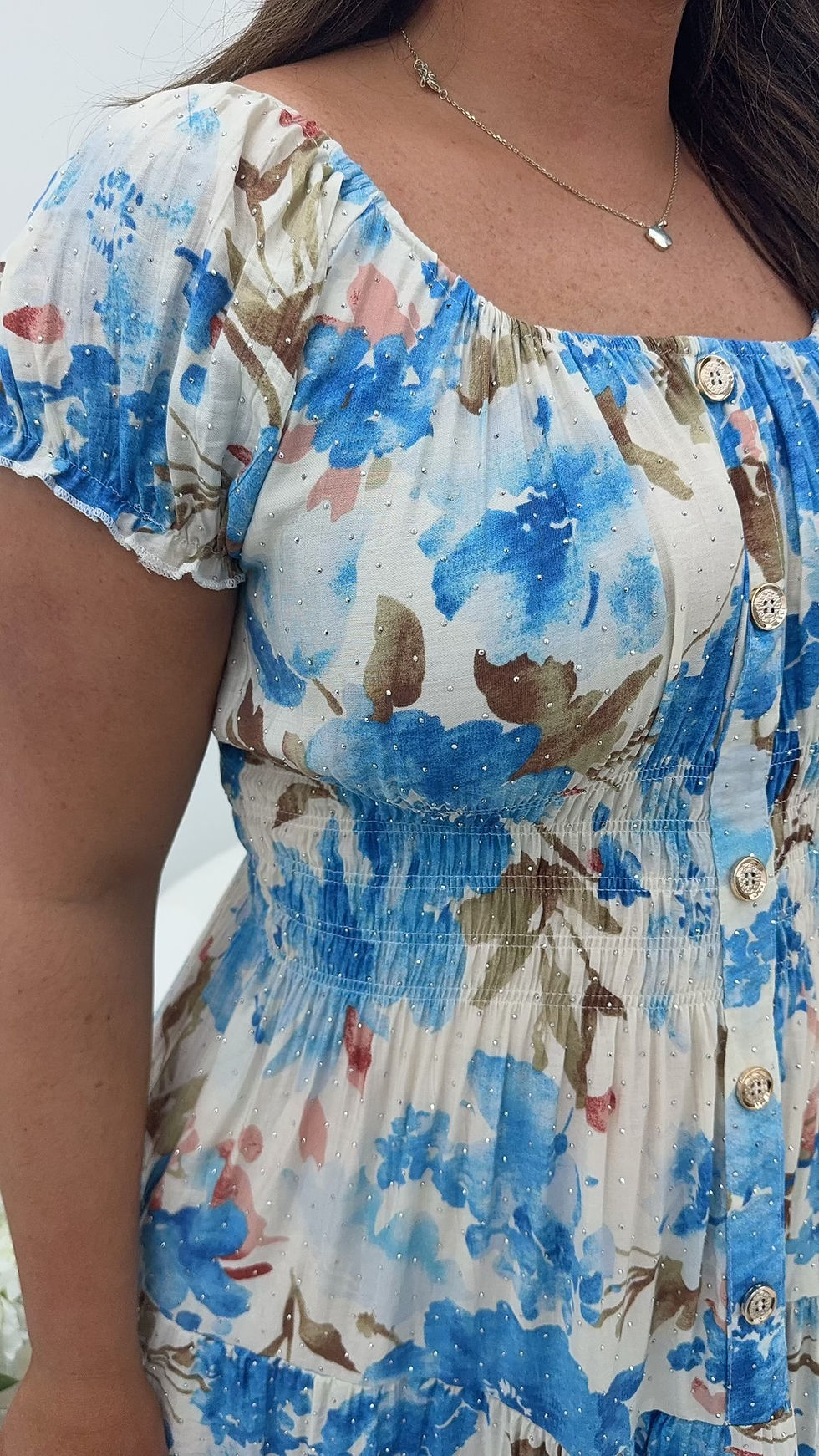 Thumbnail: Ellenor Gemstone Printed Gold Button Magic Maxi Dress Floral Blue