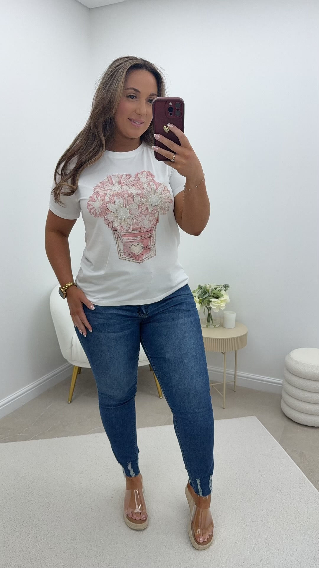 Kelly Statement Stretchy T-Shirt Flower Basket Pink