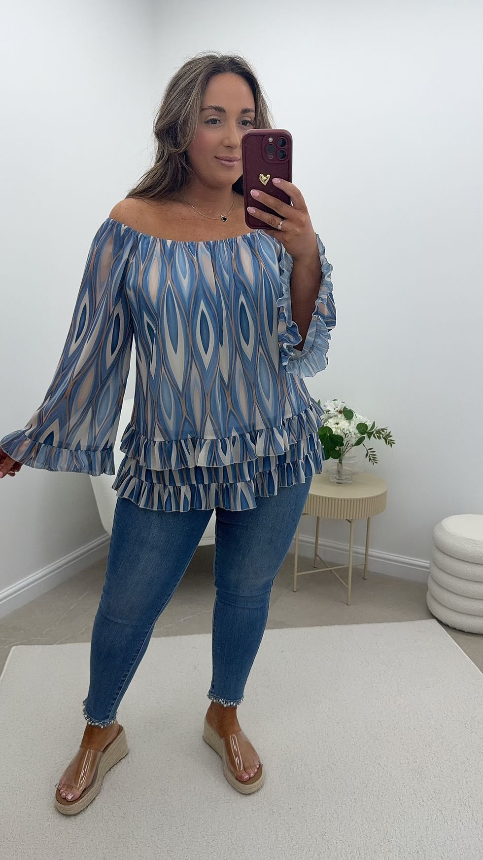 Thumbnail: Cassidy Frill Bardot Style Chiffon Top Diamond Blue