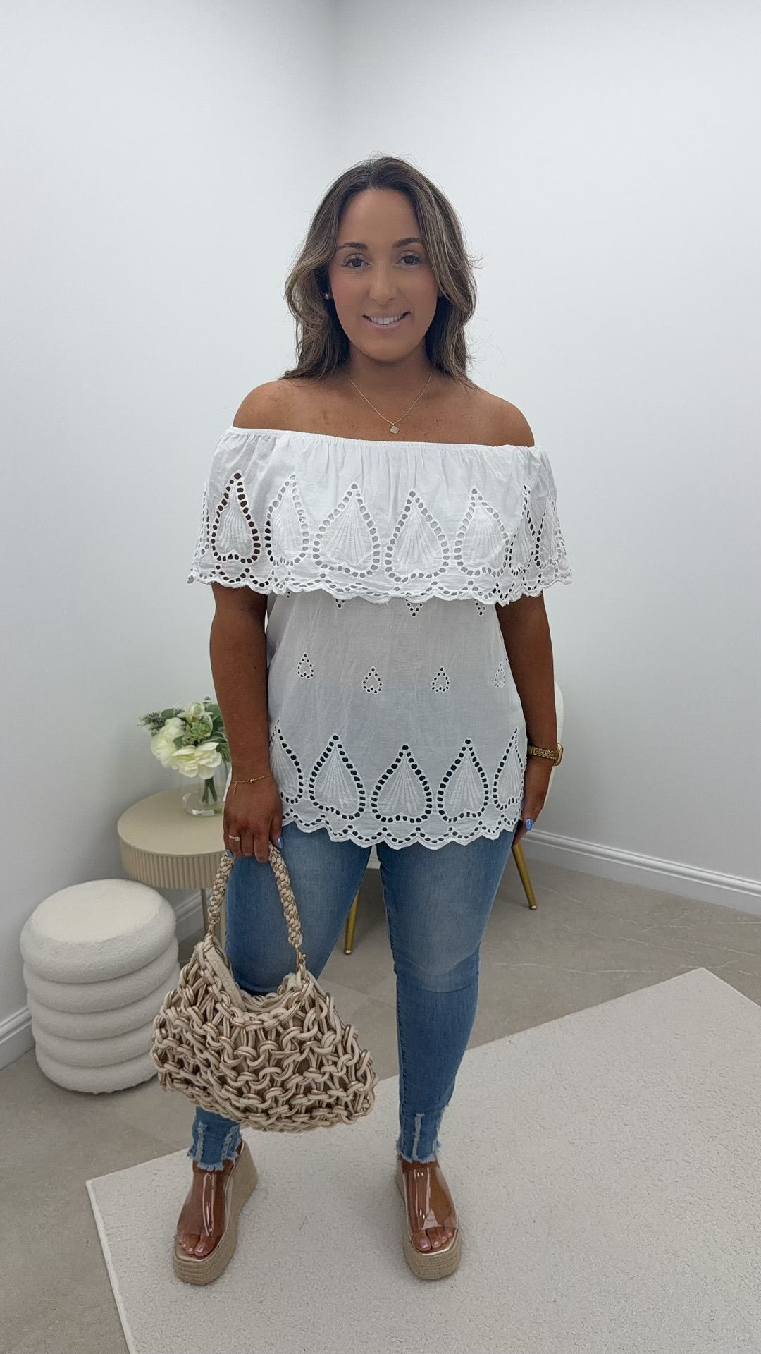 Quinn Bardot Anglaise Detail Top White