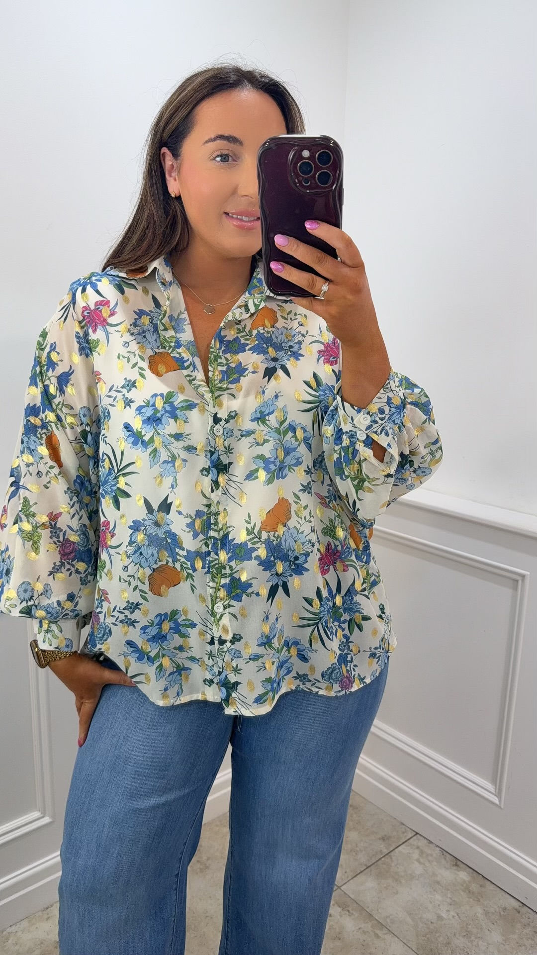 Elsie Floral Foil Detail Chiffon Button Shirt Royal Blue