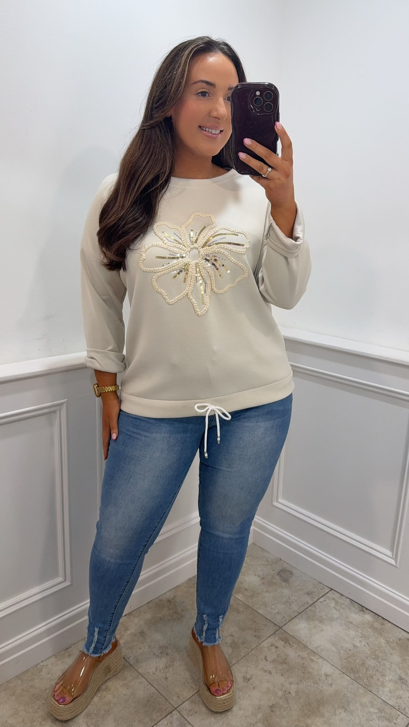 Davenport Flower Detail Tie Sweater Top Beige