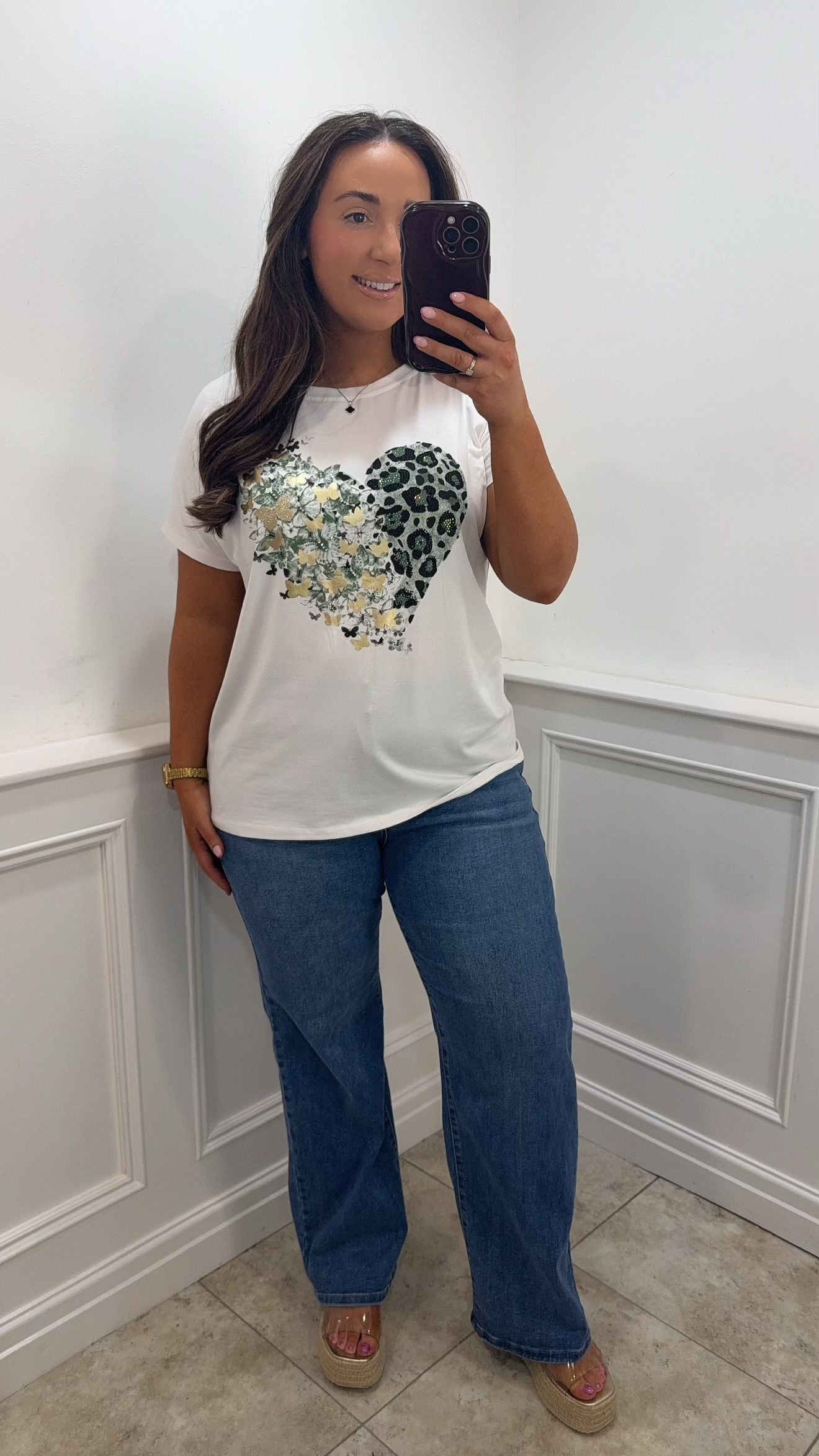 Carmen Leopard Butterfly Sparkle Heart T -shirt Khaki