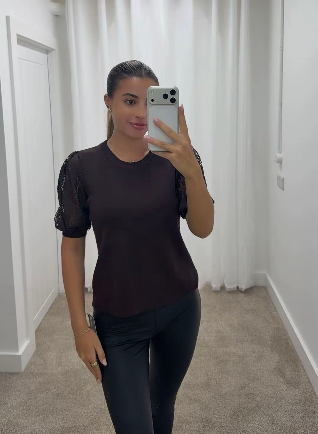 Ella Puff Shoulder Lace Detail Soft Knit Jumper Chocolate
