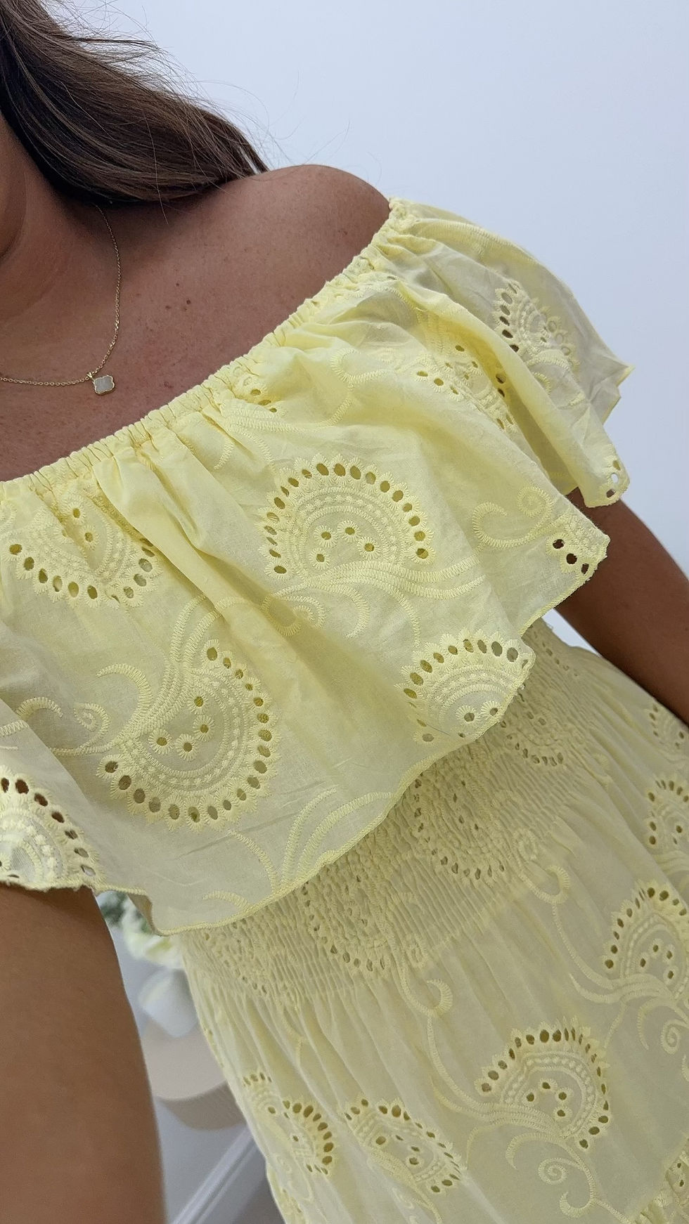 Thumbnail: Lola Frill Bardot Anglaise Magic Mid Dress Lemon
