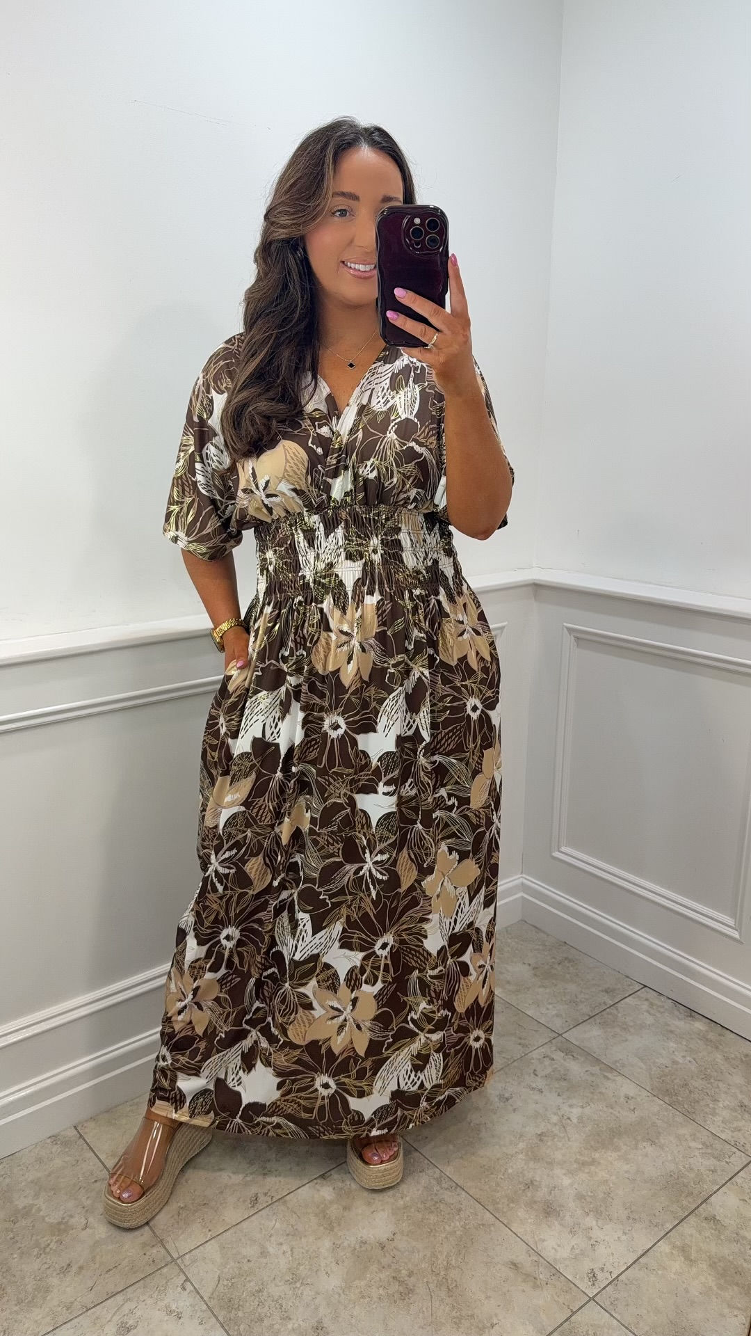 Montana Flower V Neck Slinky Foil Magic Maxi Chocolate